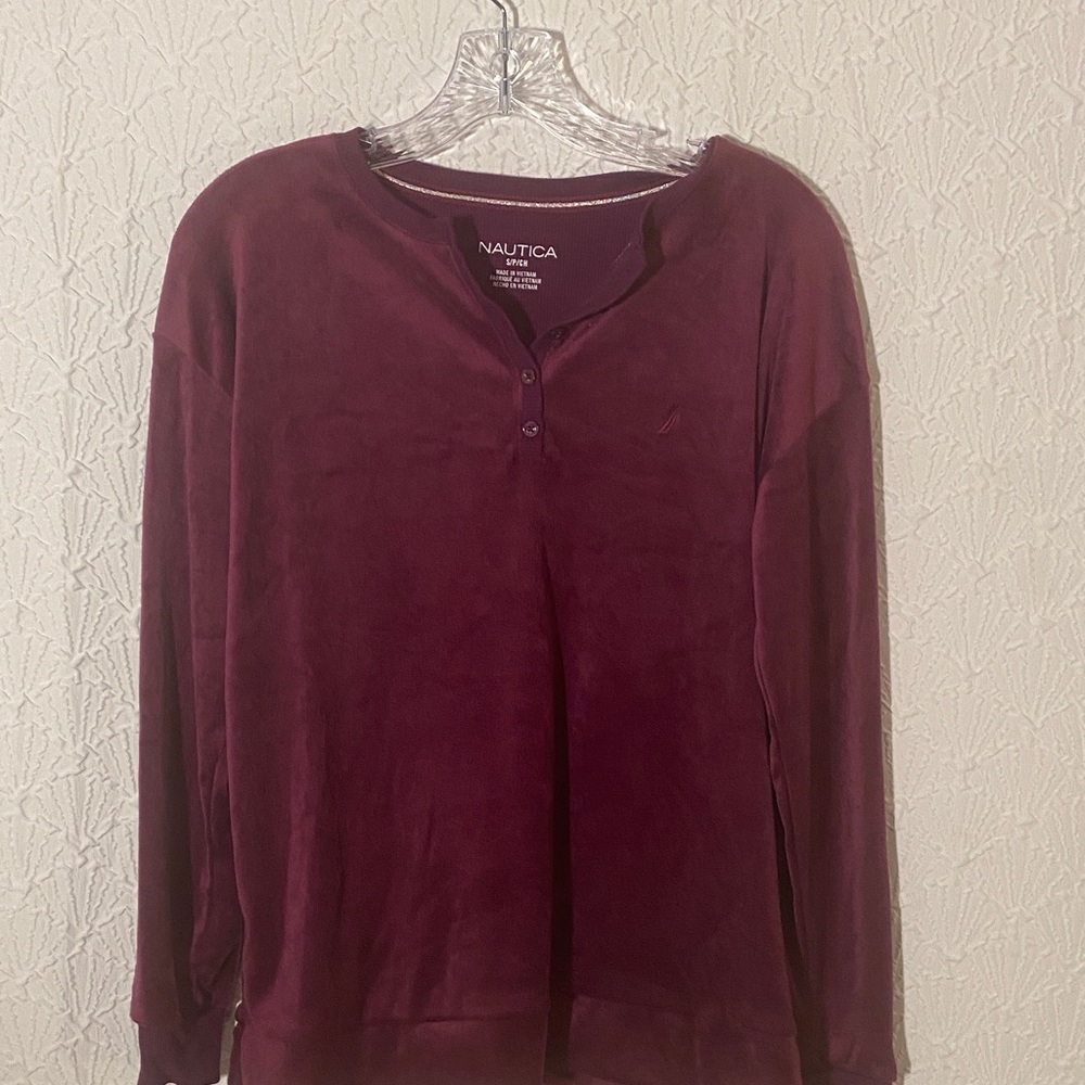 Nautica Women's Deep Burgundy Cotton Blend Henley Long Sleeve Top Soft Velour